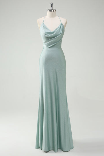Glitter Sage Mermaid Spaghetti Straps Long Prom Dress with Lace Up Back